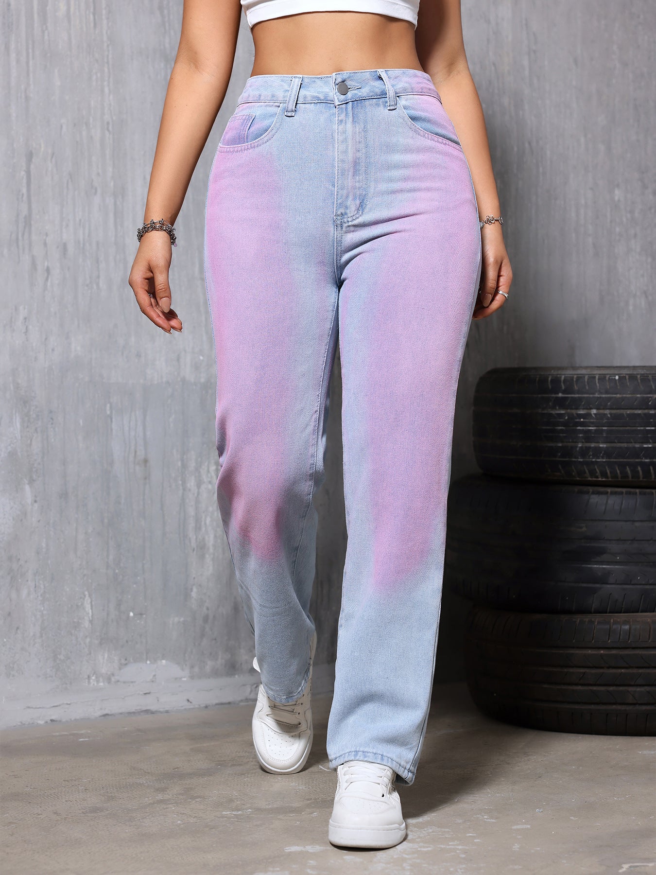 Women High Waist Dyed Straight Jeans Small Loose Slimming All Matching Casual Pants