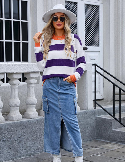 Autumn Winter Women Clothing Striped Stitching Sweater