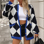 Autumn Winter V neck Rhombus Stitching Contrast Color Loose Knitted Cardigan Coat Sweater Women