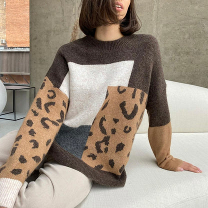 Leopard Splicing Sweater Women Soft Thickened Cashmere Long Sleeved Knitted Top