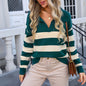 Autumn Winter Women Sweater Striped Stitching Plol Collar Sweater