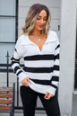 Autumn Winter Women Sweater Striped Stitching Plol Collar Sweater