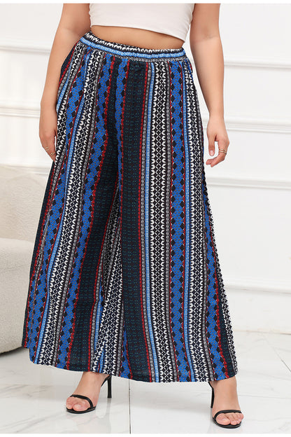 Wide Leg Pants Bohemian Striped Blue Elastic Waist Pants Seaside Vacation Beach Pants