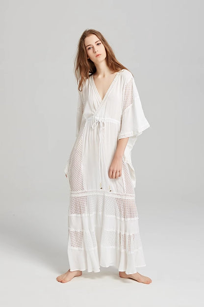 Women Summer Short Sleeve Solid Tie Maxi Dress