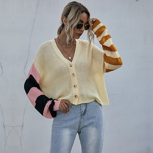 Autumn Sweater Women Stitching Contrast Color Coat Striped Thin Sweater Short Comfort Casual