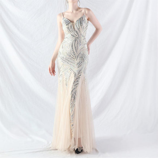 Lamination Sequin Stitching Mesh Camisole Evening Dress