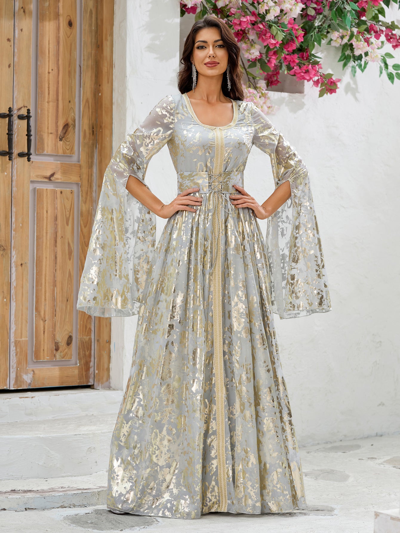 Ladies Cocktail Evening Dress Long Sleeve Bronzing Printed Arabic Waist Dress