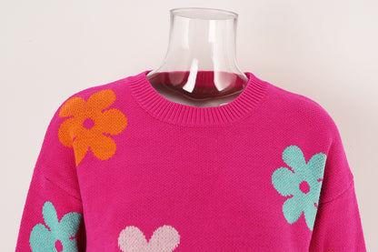 Autumn Winter Sweater Floral Color Block Crew Neck All Matching Sweater