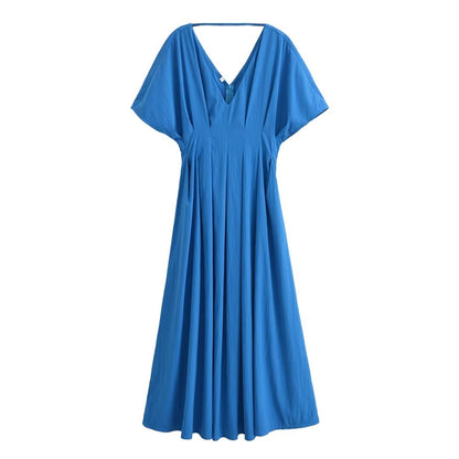 Summer Women Clothing Casual Simple Sapphire Blue Shoulder Sleeve Waist Tight Dress