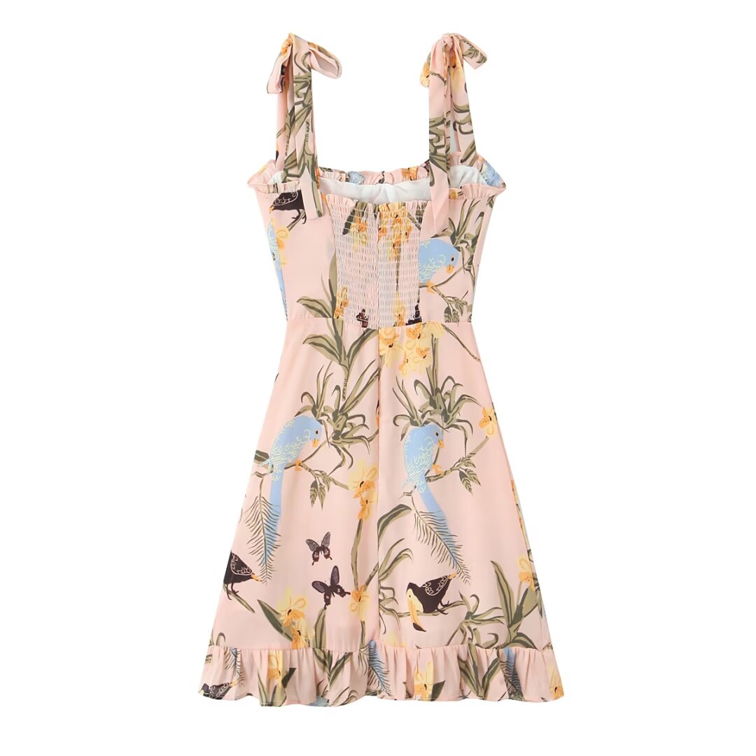 Women French Style Vintage Floral Parrot Print Slim Fit Ear Edge Lace Up Dress