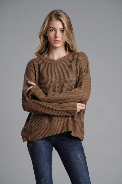 Autumn Winter Office Office Loose Fitting Women Knitwear Round Neck Mid Length Knitwear Sweater