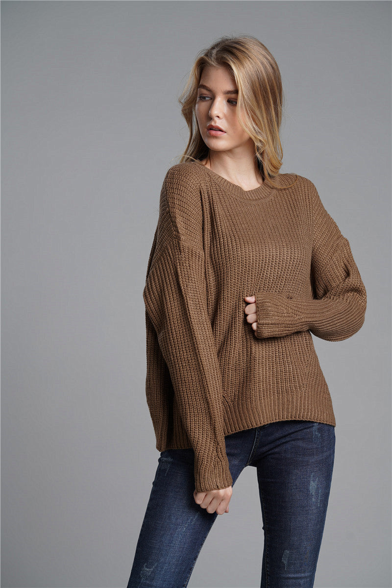 Autumn Winter Office Office Loose Fitting Women Knitwear Round Neck Mid Length Knitwear Sweater