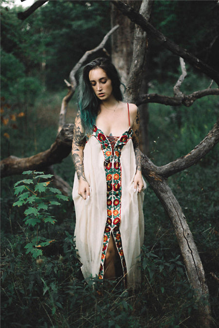 Colorful Flower Embroidered Long Dress With Strap Dress Holiday