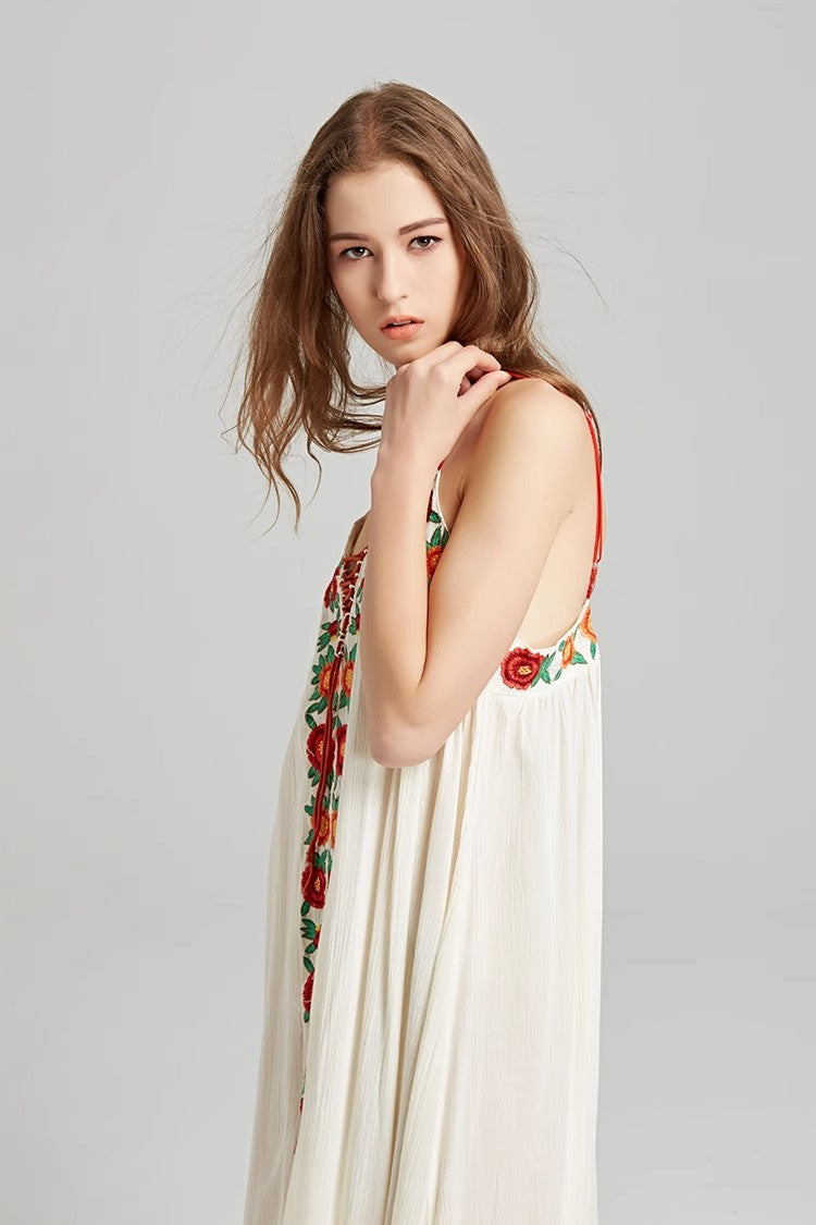 Colorful Flower Embroidered Long Dress With Strap Dress Holiday