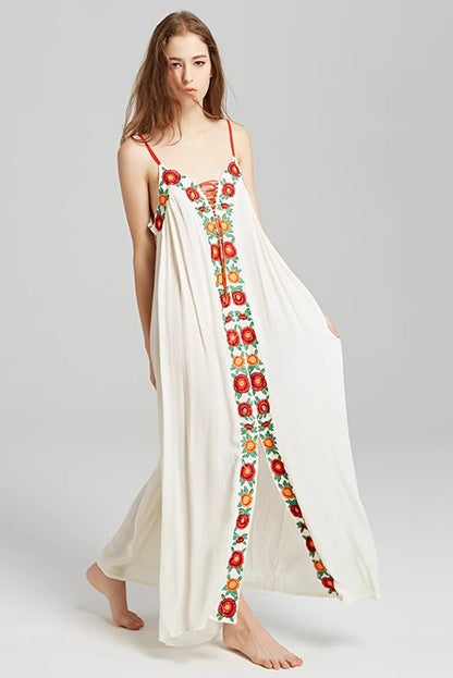 Colorful Flower Embroidered Long Dress With Strap Dress Holiday