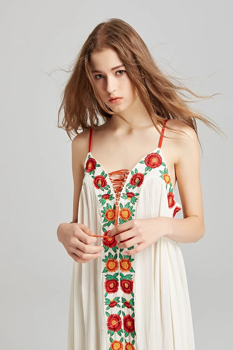 Colorful Flower Embroidered Long Dress With Strap Dress Holiday