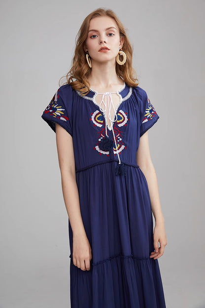 Bohemian Embroidered Lace Up Dress Lined