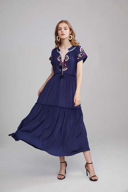 Bohemian Embroidered Lace Up Dress Lined