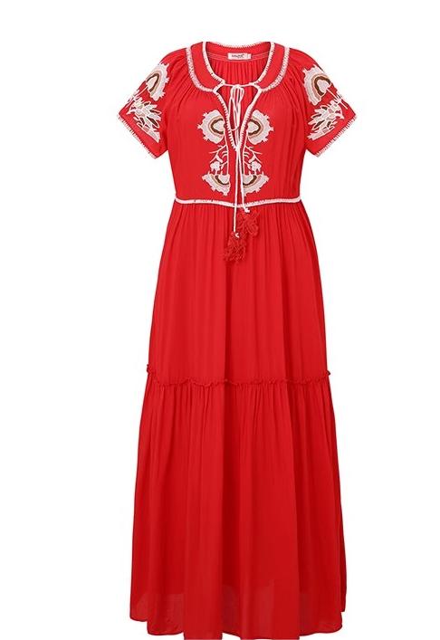 Bohemian Embroidered Lace Up Dress Lined