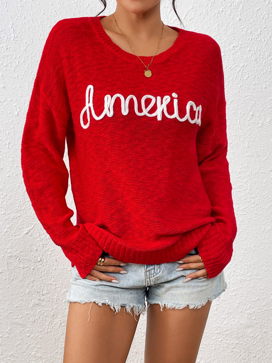 Women Knitwear Round Neck Long Sleeve America Independence Day Letter Graphic Fashionable All Matching Sweater