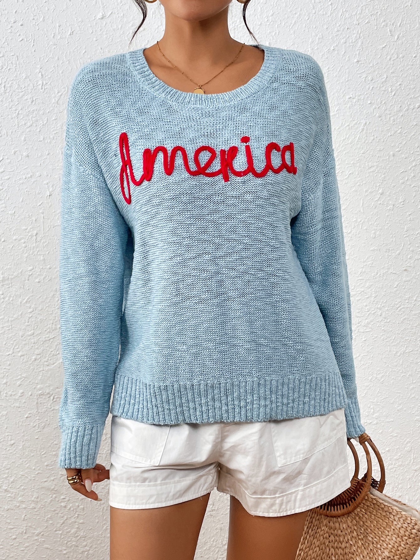 Women Knitwear Round Neck Long Sleeve America Independence Day Letter Graphic Fashionable All Matching Sweater