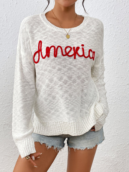 Women Knitwear Round Neck Long Sleeve America Independence Day Letter Graphic Fashionable All Matching Sweater