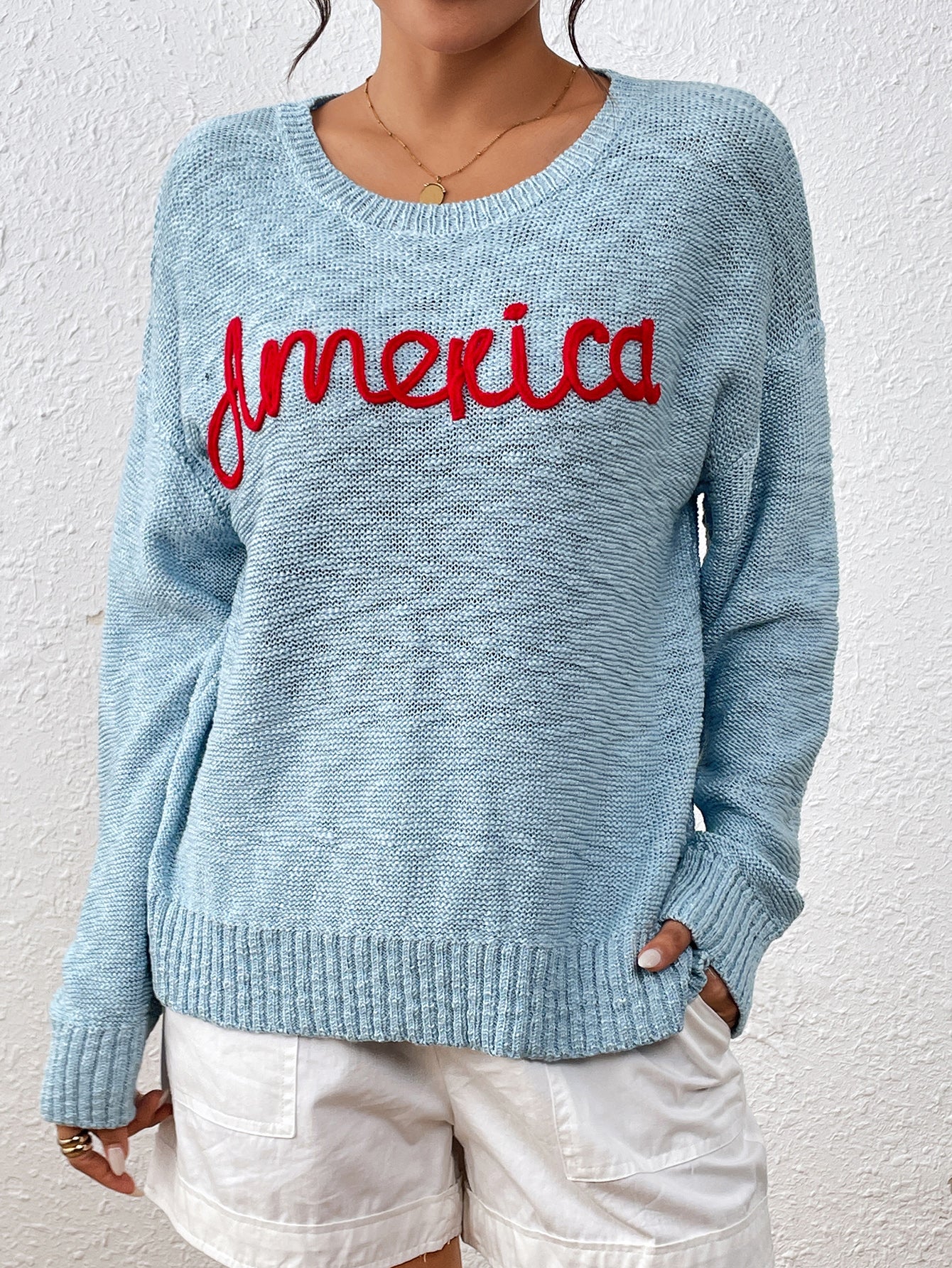 Women Knitwear Round Neck Long Sleeve America Independence Day Letter Graphic Fashionable All Matching Sweater