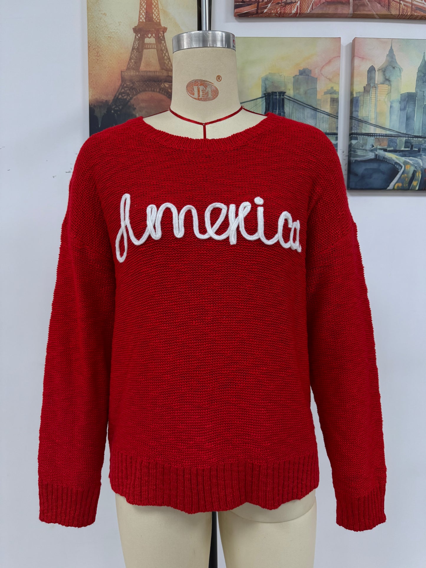 Women Knitwear Round Neck Long Sleeve America Independence Day Letter Graphic Fashionable All Matching Sweater