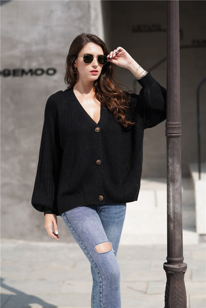 Autumn Cardigan Solid Color Buttons V Neck Sweater Warm Loose Outer Sweater Women