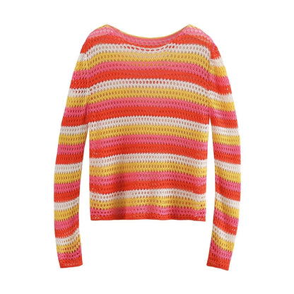 Women Clothing Street Fashionable Knitted Chic Color Stripes Long Sleeve Sweaters