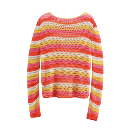 Women Clothing Street Fashionable Knitted Chic Color Stripes Long Sleeve Sweaters