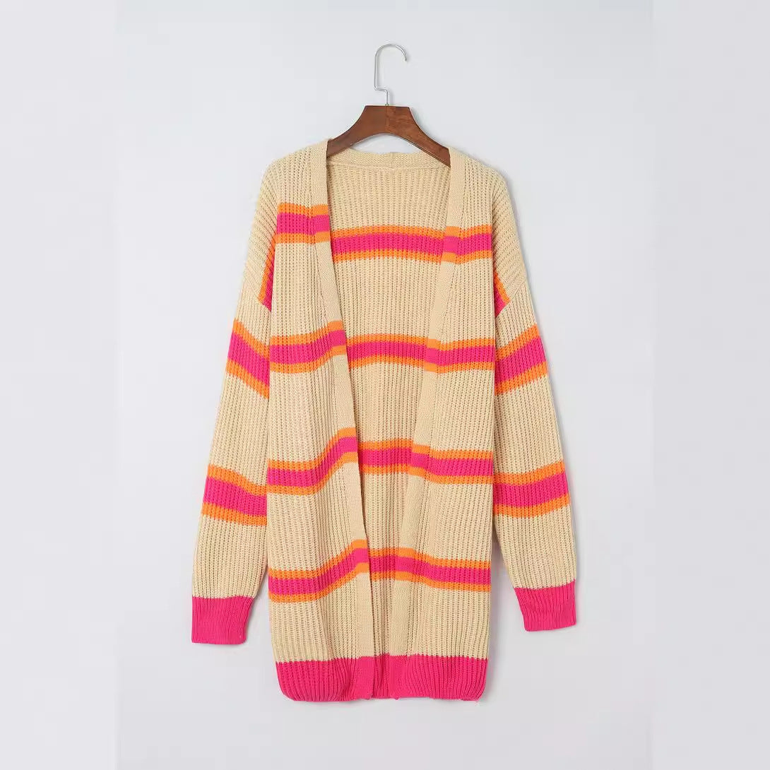 Contrast Color Knitted Cardigan Sweater for Women Fall Mid Length Striped Single Breasted Coat for Women