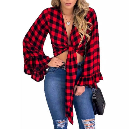 Autumn Cardigan Long Sleeve V Neck Plaid Checkered Shirt