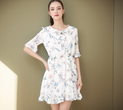 Women Clothing Summer Sweet Floral Chiffon Dress Bell Sleeve Slim Fit All Matching A Line Dress