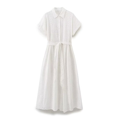 Women Clothing Hollowed out Embroidered Pleated Long Dress