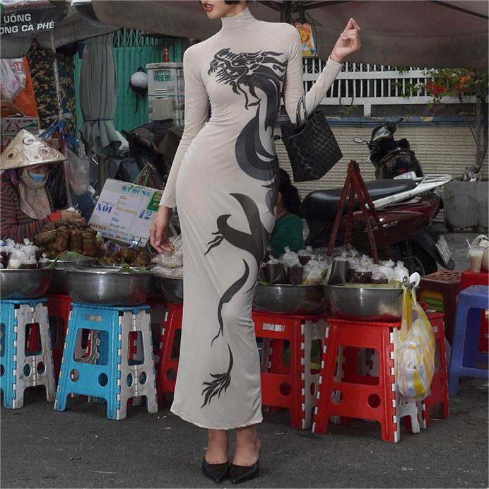 Summer Women Elegant Street Round Neck Long Sleeve Dragon Print Cool Handsome Slim Fit Elegant Hip Dress