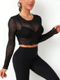 Elastic Mesh Hotped Long Sleeve Ruffled Top T Shirt