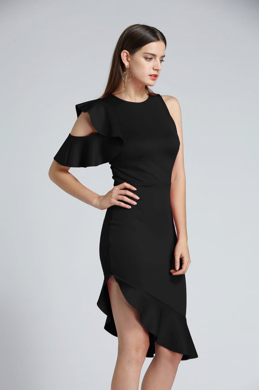 Women Clothing Autumn Winter Evening Dress Flying Sleeves Off The Shoulder Ruffled Dress