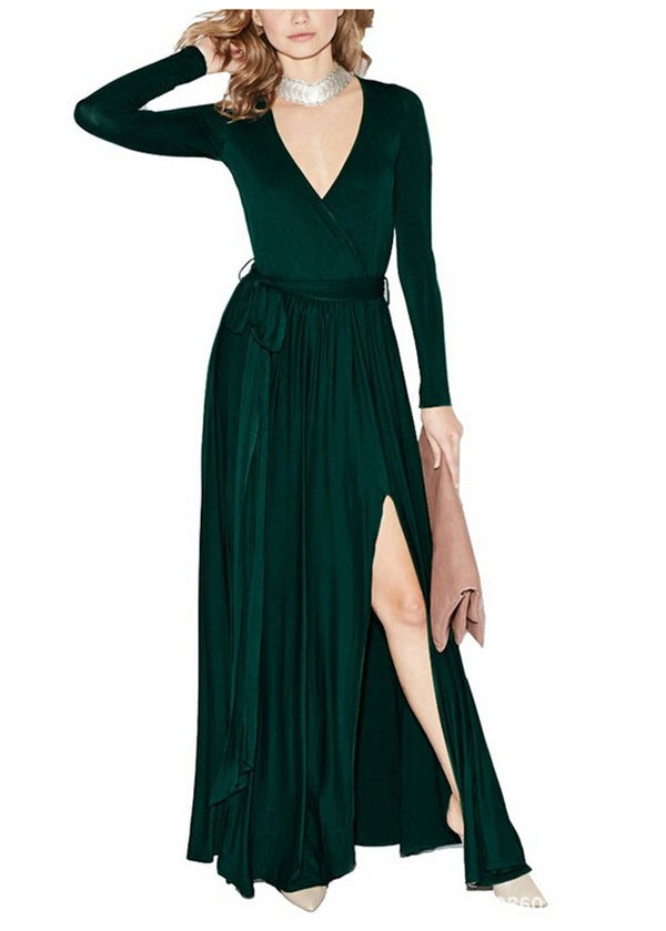 Floor Length Dress Classic Product Long Sleeve V Neck Solid Color Sexy Dress