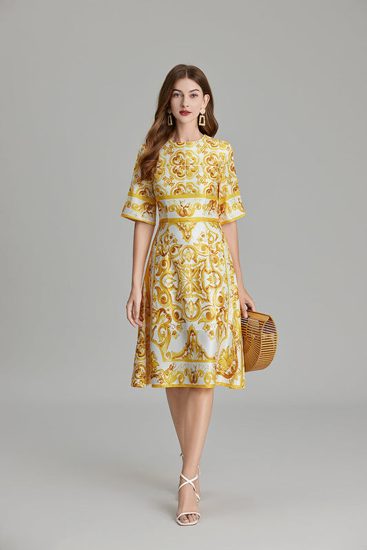 Women Summer Printed A Line Crew Neck Dress