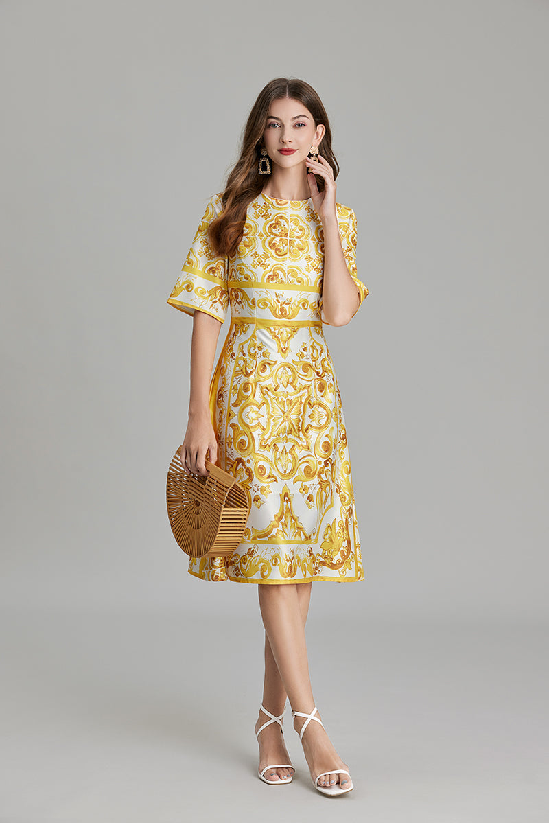 Women Summer Printed A Line Crew Neck Dress