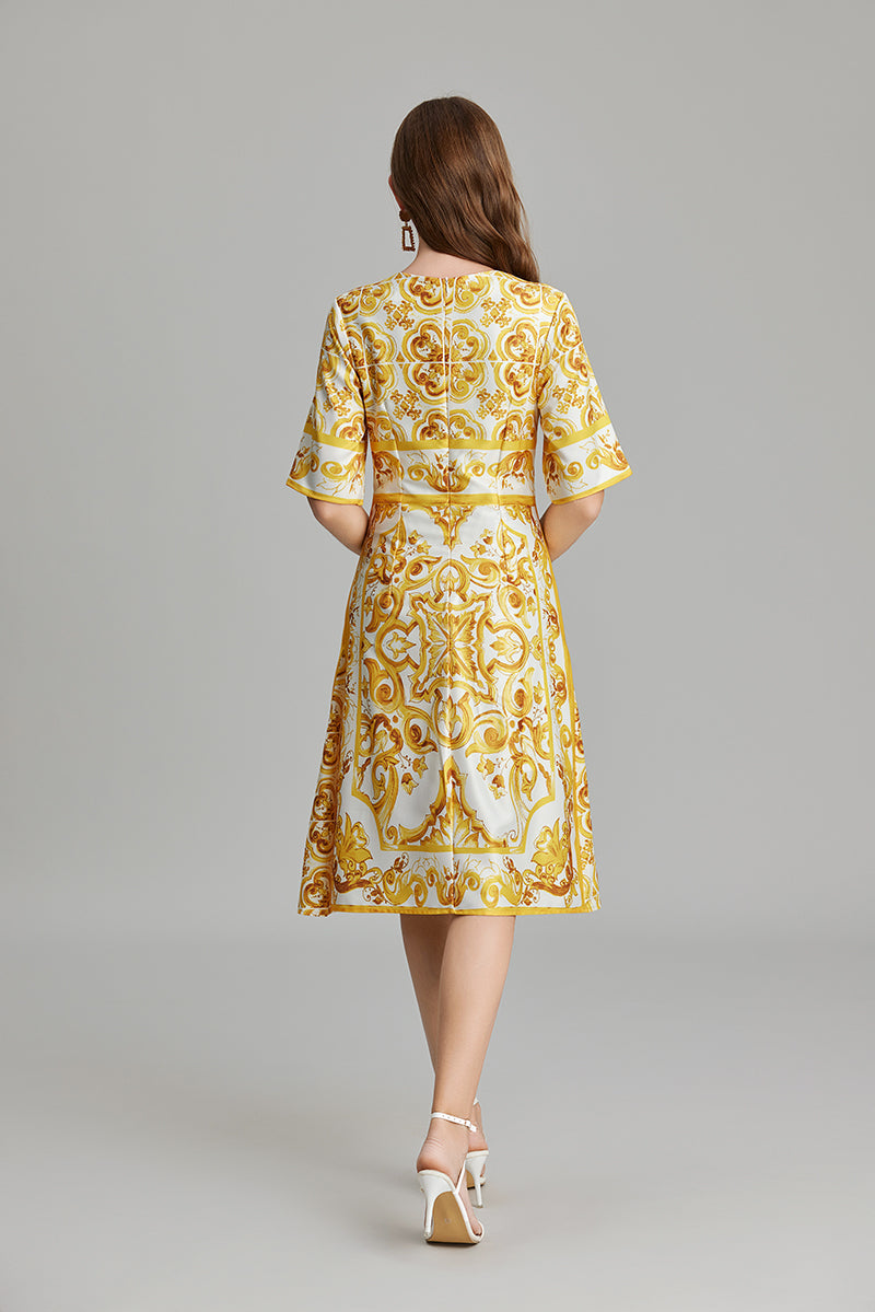 Women Summer Printed A Line Crew Neck Dress