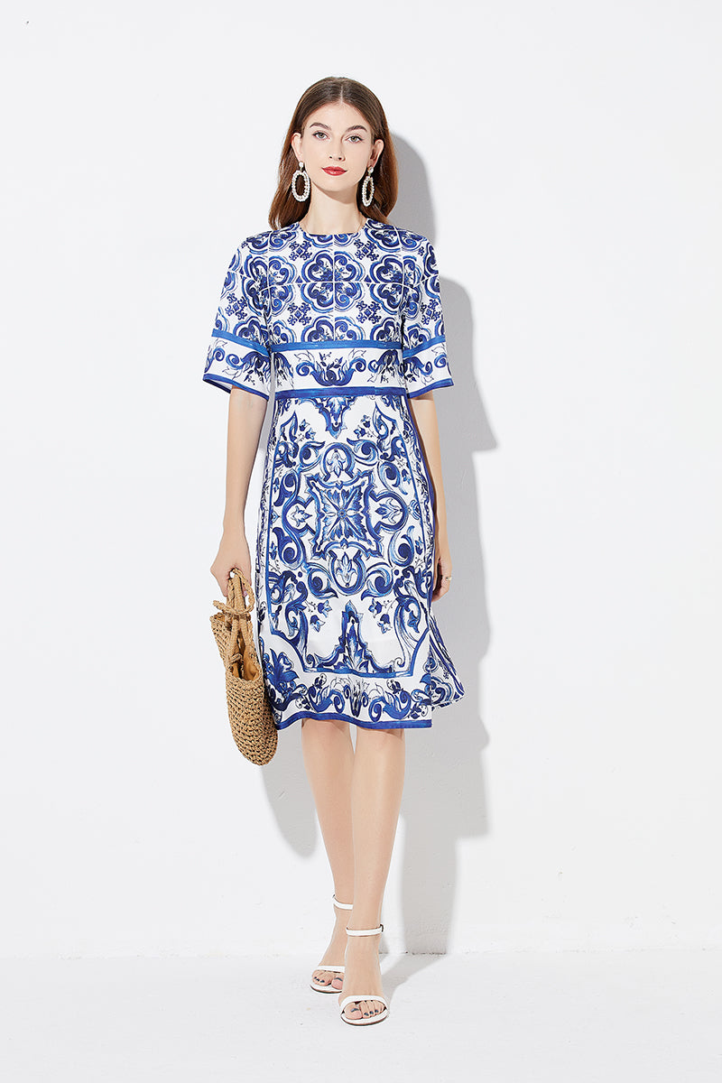 Women Summer Printed A Line Crew Neck Dress