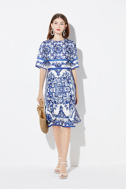 Women Summer Printed A Line Crew Neck Dress