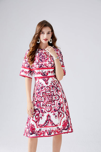 Women Summer Printed A Line Crew Neck Dress