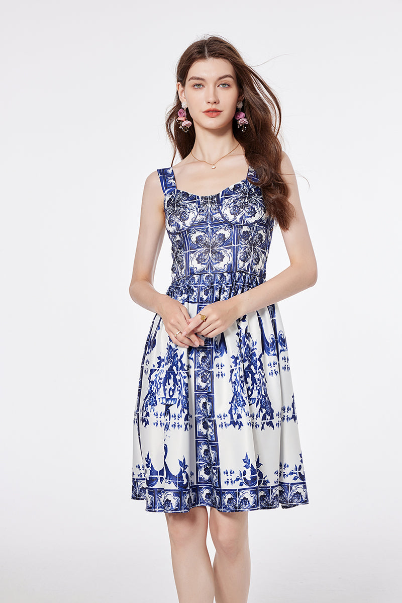 Women Summer Printed A Line V Neck Dress