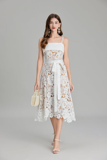 Women Summer Solid Embroidery Belted A Line Maxi Dress