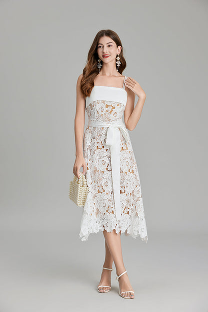 Women Summer Solid Embroidery Belted A Line Maxi Dress