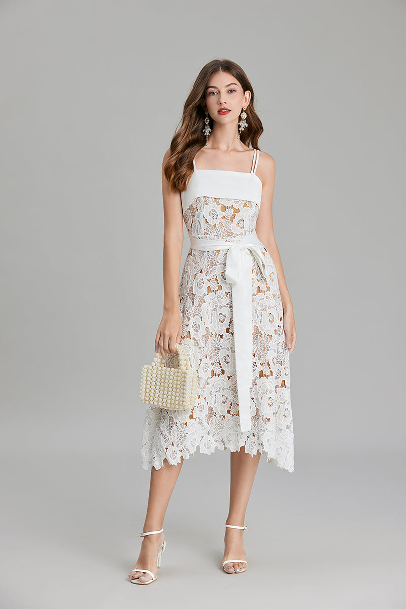 Women Summer Solid Embroidery Belted A Line Maxi Dress