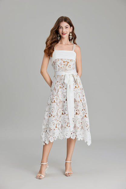 Women Summer Solid Embroidery Belted A Line Maxi Dress